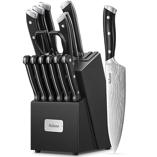 Yabano Knife Set, 14 Pieces Kitchen Knives Set with Built-in Sharpener Wooden Block, Professional German Stainless Steel Knife Block Set - Kitchen Knives