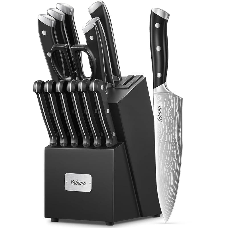 Yabano Knife Set, 14 Pieces Kitchen Knives Set with Built-in Sharpener Wooden Block, Professional German Stainless Steel Knife Block Set - Kitchen Knives