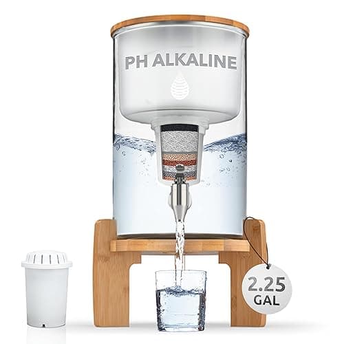 pH Recharge Glass Alkaline Countertop Water Filter Dispenser - 2.25 Gallons Jug - Removes Fluoride Chlorine & Impurities - Improves Water pH - Clean Healthy Drinking Water - 8.5 Litres