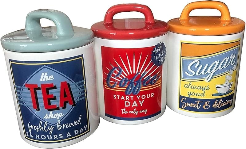 DEENZ Retro Multi Colour Unique Classic 50's/60's Style 3-Pieces Ceramic Canisters Sets for the Kitchen Counter, Jars Food Storage for Tea Sugar Coffee Set - Kitchen Storage