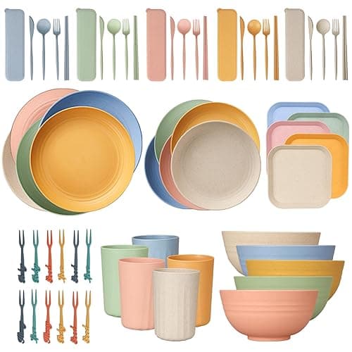 CSYY 62pcs Unbreakable Dinnerware Sets for 5 People, Camping Plates and Bowls Set,Lightweight Picnic Dinner Sets, Lightweight Colorful BBQ Plastic Plates, Cups, Bowls, Cutlery Set, Forks for Camping, Kids - Tableware