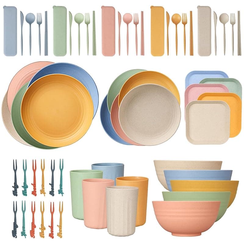 CSYY 62pcs Unbreakable Dinnerware Sets for 5 People, Camping Plates and Bowls Set,Lightweight Picnic Dinner Sets, Lightweight Colorful BBQ Plastic Plates, Cups, Bowls, Cutlery Set, Forks for Camping, Kids - Tableware