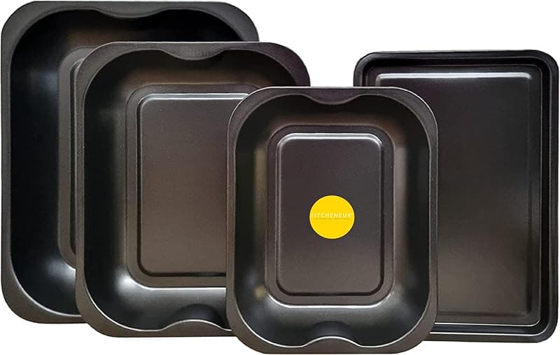 Kitcheneur 4-Pack Black Roasting and Baking Tray Set - Large Roaster (38cm), Medium Roaster (33cm), Small Roaster (28cm) & Small Tray (32cm) - Baking Tray Set Tray/Pan, Non-Stick, Multi-Pack - Dishwasher Safe - Cookware