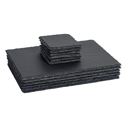 Argon Tableware 12 Piece Rectangular Slate Placemats & Coasters Set - Black Natural Stone Dinnerware Plate Placemats Drink Mats for Kitchen, Home, Bar, Restaurant, Weddings, Events - Tableware