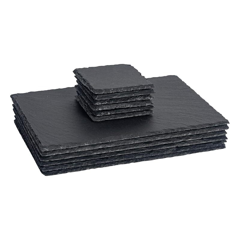 Argon Tableware 12 Piece Rectangular Slate Placemats & Coasters Set - Black Natural Stone Dinnerware Plate Placemats Drink Mats for Kitchen, Home, Bar, Restaurant, Weddings, Events - Tableware