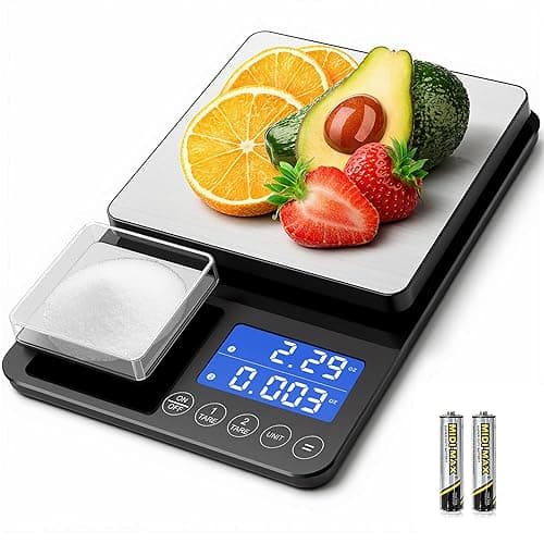 Dual Platform Kitchen Scales with High Precision: 15kg/33lb Capacity at 1g & 500g Capacity at 0.01g, Professional Food Scales for Baking Sourdough Bread and Cooking, 7 Units, Tare, Accumulation, Black