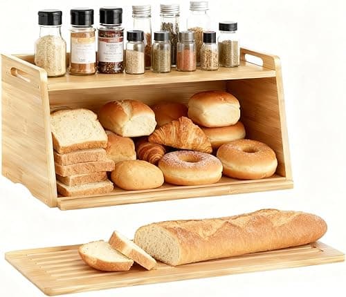 LEMIKKLE Bamboo Bread Bin with Cutting Board – Bread Storage Box to Keep Food Fresh, Suitable for the Kitchen Organiser, Can be Used to Store Bread, Fruit, Baked Goods - Kitchen Storage