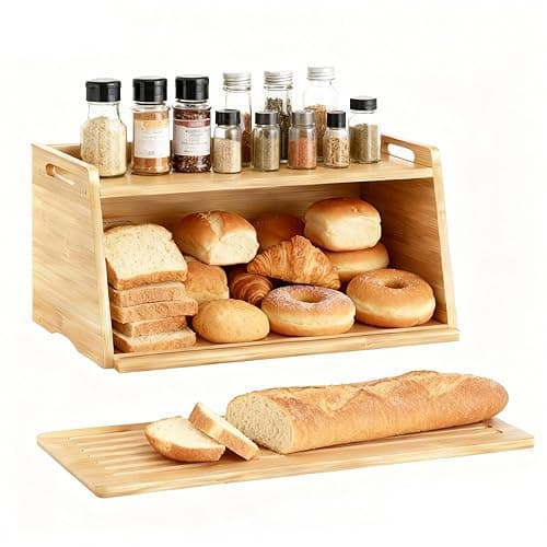 LEMIKKLE Bamboo Bread Bin with Cutting Board – Bread Storage Box to Keep Food Fresh, Suitable for the Kitchen Organiser, Can be Used to Store Bread, Fruit, Baked Goods - Kitchen Storage