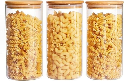 MEETOZ Set of 3 Glass Food Storage Jars, 34oz Food Containers with Airtight Wooden Lids for Nuts, Coffee Beans, Sugar, Flour, Glass Canisters for Kitchen, Pantry Organization and Storage, BPA Free - Kitchen Storage