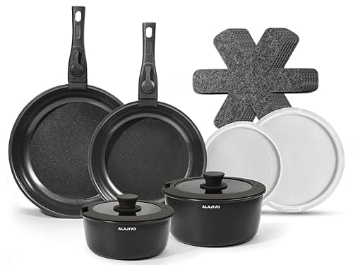 Ceramic Cookware Set with Removable Handle, 14-Piece Pan Set with Non Stick Coating, Induction Pots and Pans with Lids, 24/28cm Frying Pan, Suitable for All Hob Types, Oven-Safe