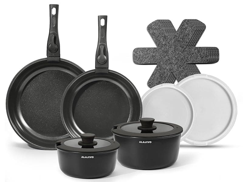 Alajivo Ceramic Cookware Set with Removable Handle, 14-Piece Pan Set with Non Stick Coating, Induction Pots and Pans with Lids, 24/28cm Frying Pan, Suitable for All Hob Types, Oven-Safe - Cookware
