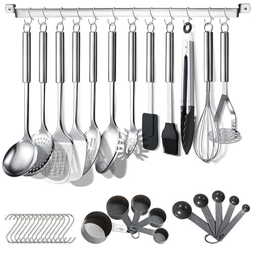 Berglander Kitchen Utensils Set 38 Pieces, Stainless Steel Cooking Utensils Set, Kitchen Gadgets Cookware, Kitchen Tool Set with Utensil Holder Rack And Hooks For Hanging Dishwasher Safe - Kitchen Tools Gadgets