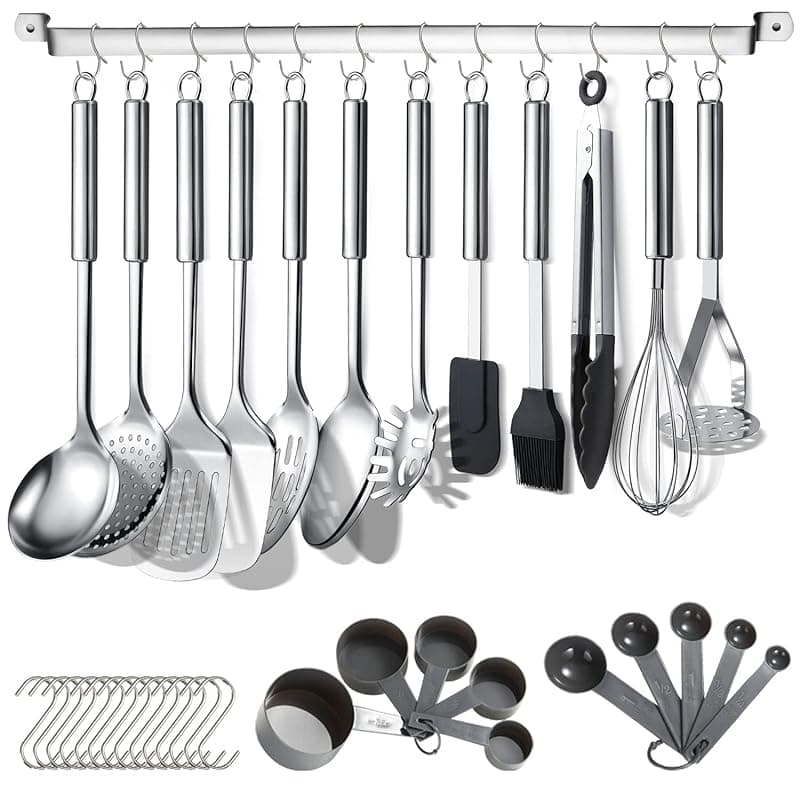 Berglander Kitchen Utensils Set 38 Pieces, Stainless Steel Cooking Utensils Set, Kitchen Gadgets Cookware, Kitchen Tool Set with Utensil Holder Rack And Hooks For Hanging Dishwasher Safe - Kitchen Tools Gadgets
