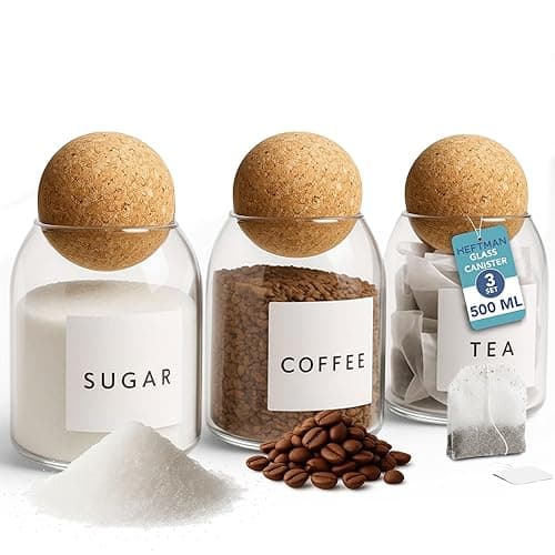 HEFTMAN Glass Jars with Cork Lids - Set of 3 500ml Coffee Tea Sugar Canisters, High Borosilicate, Stylish Cork Ball Glass Jar for Salt, Spices, Dry Food Storage, Kitchen Organisation - Includes Labels - Kitchen Storage