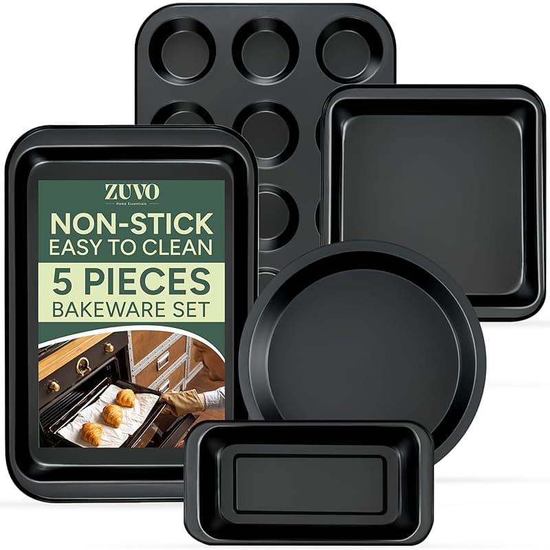 Zuvo 5 Piece Baking Set, Non-Stick Bakeware Set with Oven Baking Tray Muffin Cake Loaf pan and Cookie Sheet, Oven-Safe and Microwave Friendly Baking cookware Set, Black - Bakeware