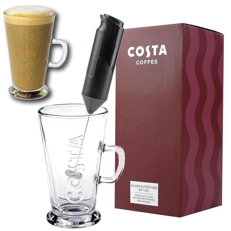 Kimm & Miller Costa Coffee Luxury Gift Set with Latte Glass Coffee Cup & Electric Milk Frother - Coffee Tea Accessories