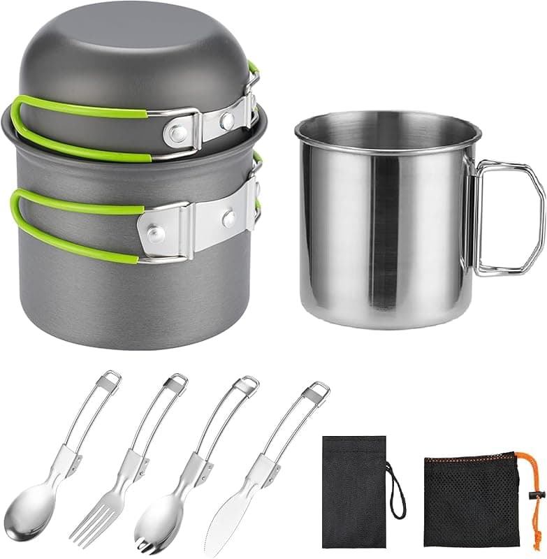 ISFORU Camping Cookware Mess Kit for 1 People,ISFORU Camping Non-stick Cooking Set include Backpack Pot and Pan Set with 304 Stainless Steel Cup and Utensil Set for Traveling Trekking and Hiking - Cookware