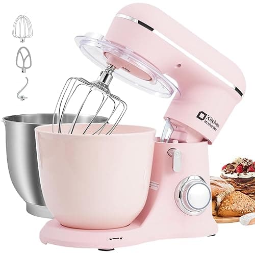 Kitchen in the box Stand Mixer, 4.5L+5L Two Bowls Food Mixer for Baking, 10 Speeds Electric Kitchen Appliance with Dough Hook, Whisk, Beater, 1300W Matte for Home Baking (Rose Pink) - Stand Mixers
