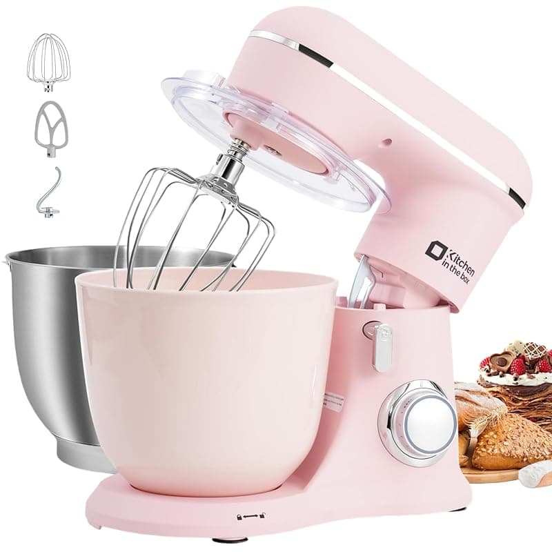 Kitchen in the box Stand Mixer, 4.5L+5L Two Bowls Food Mixer for Baking, 10 Speeds Electric Kitchen Appliance with Dough Hook, Whisk, Beater, 1300W Matte for Home Baking (Rose Pink) - Stand Mixers