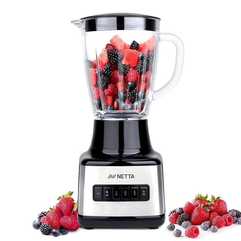 NETTA Table Blender & Smoothie Maker - 500W Electric Jug Mixer with 1.5L Glass Jug - 8 Speed Settings & Pulse Function - Stainless Steel 4 Blade Ice Crusher for Shakes, Smoothies & Fruit Juice - Blenders