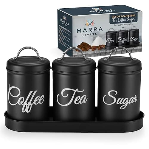 Marra Living - Tea Coffee Sugar Canisters Set of 3 - Airtight Kitchen Storage Jars with Lids and a Coordinating Tray - Metal Canister Set for Countertop Organization - Black Matte Finish - 1L Each - Kitchen Storage