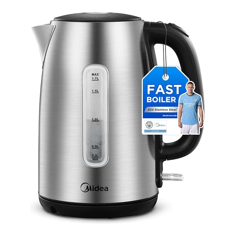 Midea Electric Kettle 3000W Fast Boil 1.7L Stainless Steel Kettle LED Indicator,Spring Lid,Removable Filter,Insulated Handle, Water Level Indicator, Dry Burn Protection,BPA-Free - Kettles