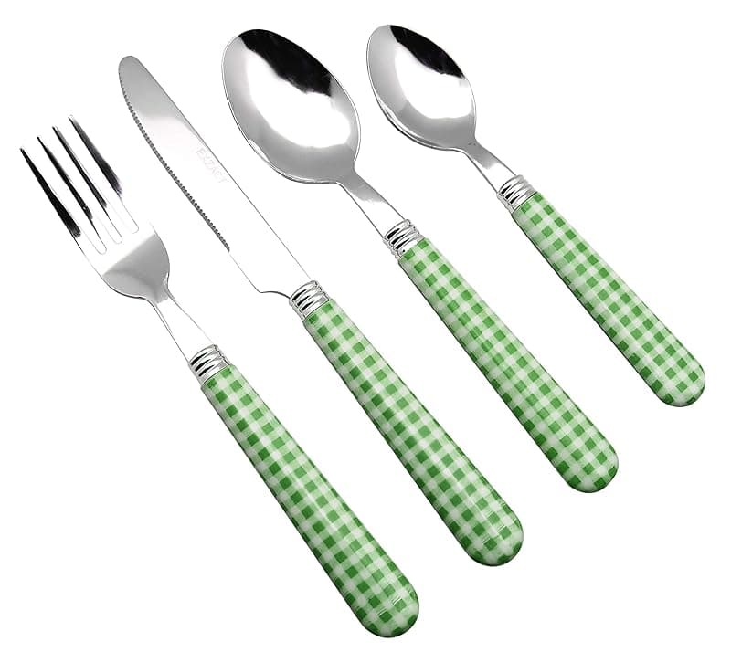 EXZACT Cutlery Set 24pcs Stainless Steel with Gingham Check Coloured Handles - 6 x Forks, 6 x Dinner Knives, 6 x Table Spoons, 6 x Tea Spoons (Green x 24 pcs) - Tableware