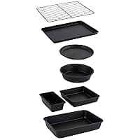 Salter Bakes Stackable 7 Piece Bakeware Set, Non-Stick with Baking Tray, Cake Tin, Tart Tin, Loaf Pan, Brownie Pan, Roasting Tin, Cooling Rack, Compact Storage, PFOA-Free, Oven Safe, Black