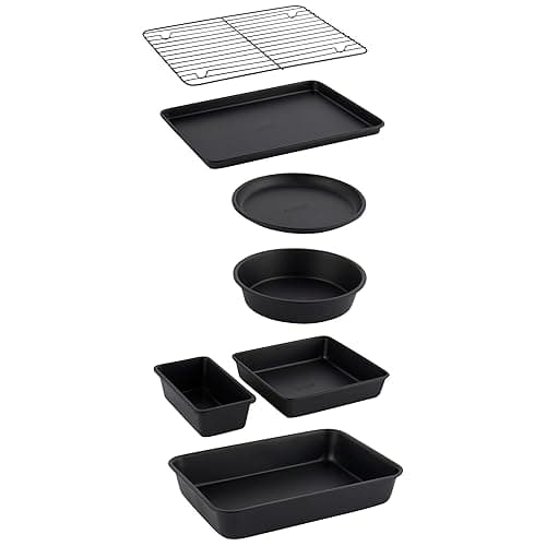 Salter Bakes Stackable 7 Piece Bakeware Set – Non-Stick with Baking Tray, Cake Tin, Tart Tin, Loaf Pan, Brownie Pan, Roasting Tin, Cooling Rack, Compact Storage, PFOA-Free, Oven Safe, Black - Bakeware