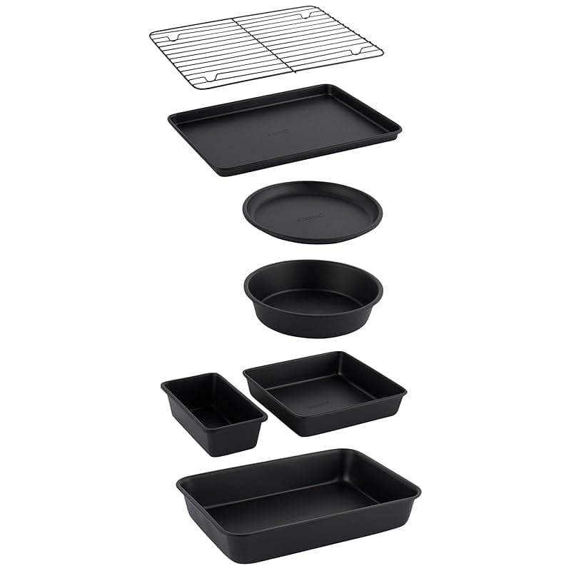 Salter Bakes Stackable 7 Piece Bakeware Set – Non-Stick with Baking Tray, Cake Tin, Tart Tin, Loaf Pan, Brownie Pan, Roasting Tin, Cooling Rack, Compact Storage, PFOA-Free, Oven Safe, Black - Bakeware