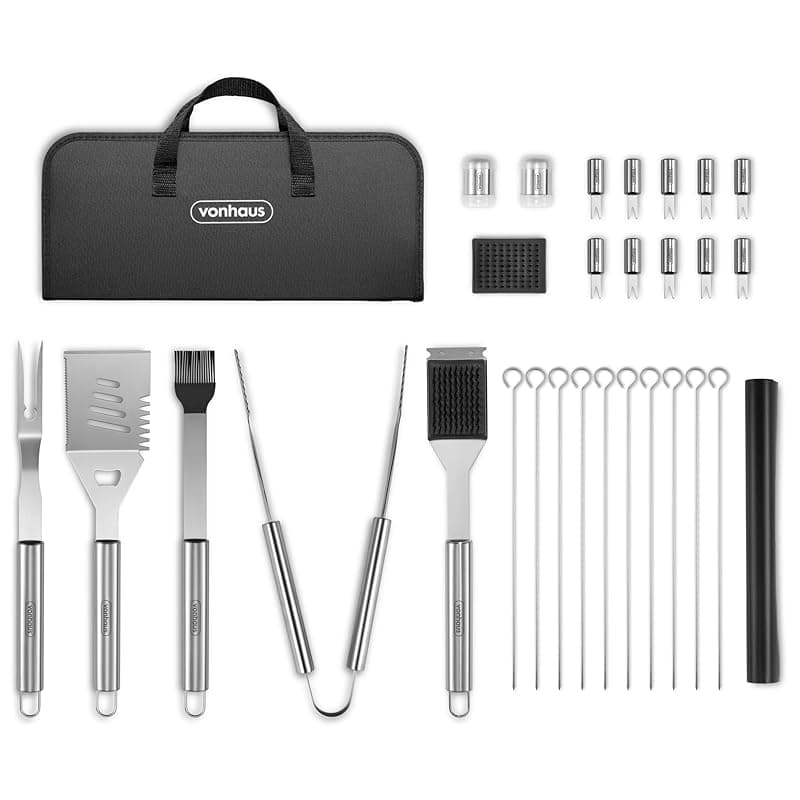 VonHaus BBQ Tool Set with Case, 30Pcs BBQ Accessories Kit Including Spatula, Fork, Tongs, Skewers, Corn Forks, Barbecue Grill Mats, Basting Brush & Cleaner, Heavy Duty BBQ Utensils for Outdoor Cooking - Kitchen Tools Gadgets
