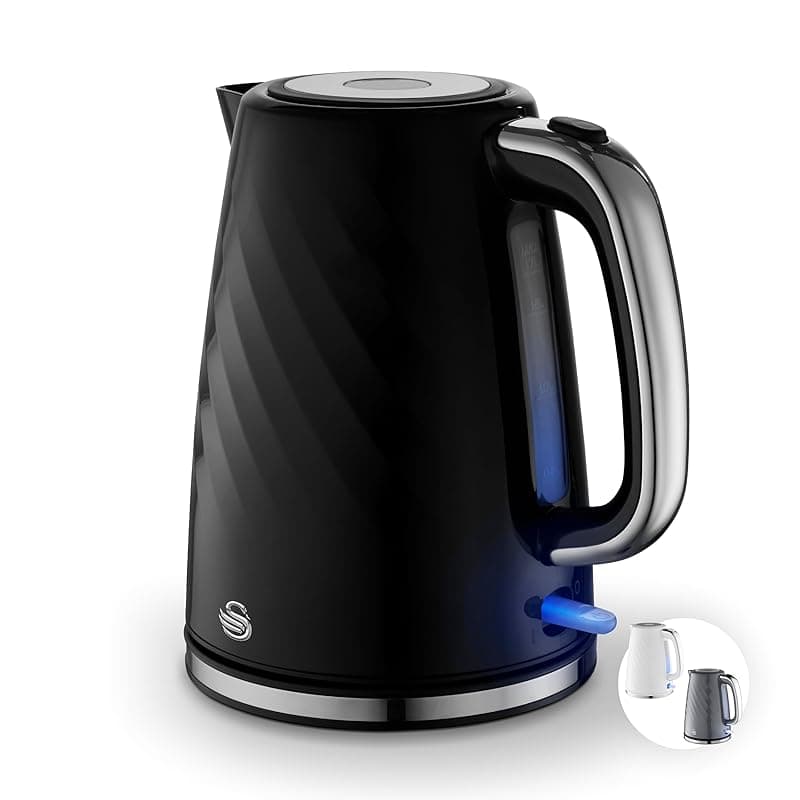 Swan SK14611BLK Windsor Rapid Boil Kettle with Removable Limescale Filter, Boil Dry Protection and Hidden Cord Storage, 1.7L, 3KW, Black - Kettles