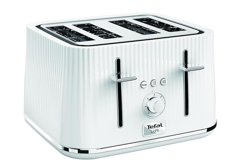 Tefal Loft 4-Slot Toaster, 7 Browning Levels, Defrost, Stop + Reheat Functions, Removable Crumb Tray, High-lift + Self-Centring Racks, 1700W, TT760140, Classic Design in White - Toasters
