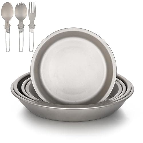 Aomiun 8PC Titanium Camping Plates Set with Utensils | Ultralight 5-Stack Outdoor Dinnerware (5 Plates + 3 Foldable Cutlery) | Corrosion-Resistant for Backpacking, Hiking, Picnic - Tableware