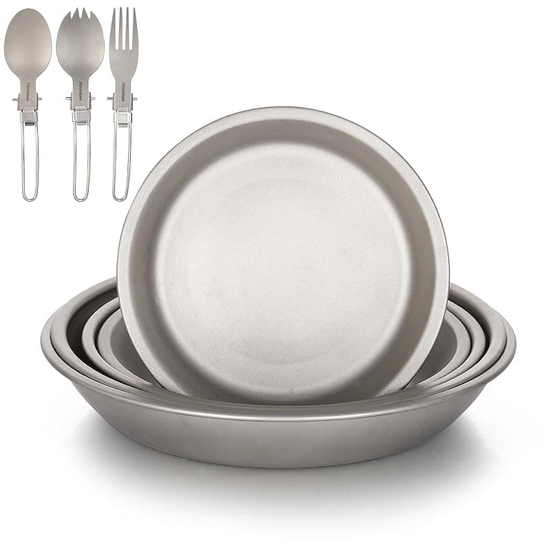 Aomiun 8PC Titanium Camping Plates Set with Utensils | Ultralight 5-Stack Outdoor Dinnerware (5 Plates + 3 Foldable Cutlery) | Corrosion-Resistant for Backpacking, Hiking, Picnic - Tableware