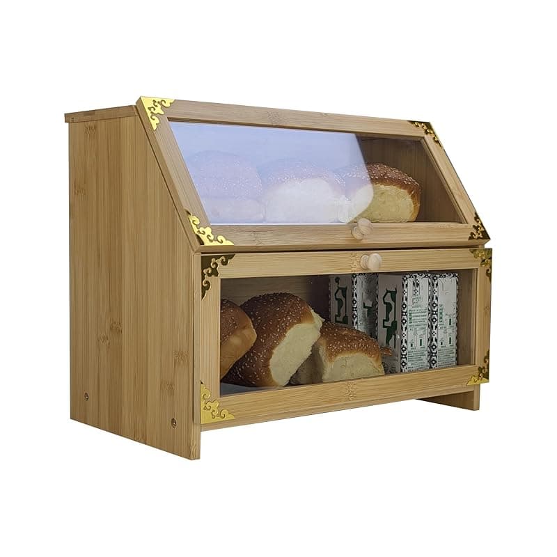 ARTAWEIN Large Wooden Bread Bin for Kitchen Countertop - 2 Tier Bamboo Bread Box with Clear Window - Double Layer Food Storage Container for Loaves, Pastries, Cakes & Bagels - Kitchen Storage