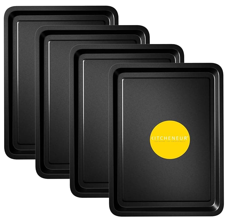 Kitcheneur 4-Pack - Essentials Baking Tray Set 32cm by KITCHENEUR - Easy Cleaning Baking Tray/Pan, Non-Stick Tin, Multi-Pack Set Oven Trays - Dishwasher Safe and Easy Cleaning - Bakeware