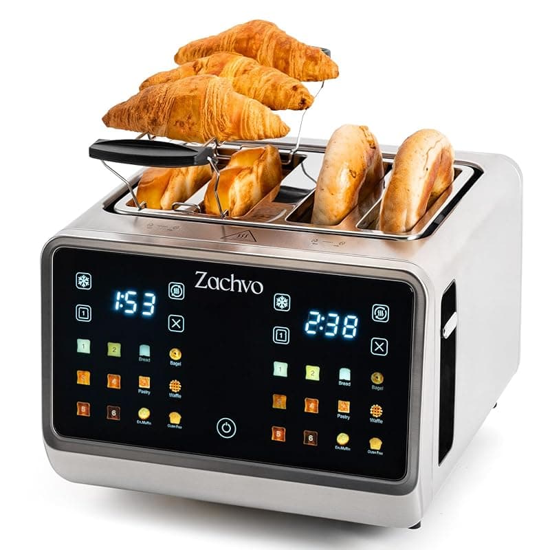 ZACHVO 4 Slice Stainless Steel Toaster with Touchscreen & Independent Dual Controls, 1.45" Extra-Wide Slots for Bagels, 6 Bread Modes & 6 Browning Levels, Warming Rack & Sandwich Cage, Auto Shut-Off - Toasters