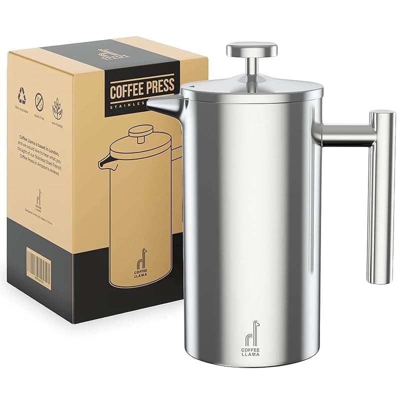 Coffee Llama ™ French Press | 1 Litre | 8 Cups Cafetiere Doubled Walled Portable Stainless Steel Coffee Press for Home, Travel & Camping with 3 Extra Filters - Coffee Tea Accessories