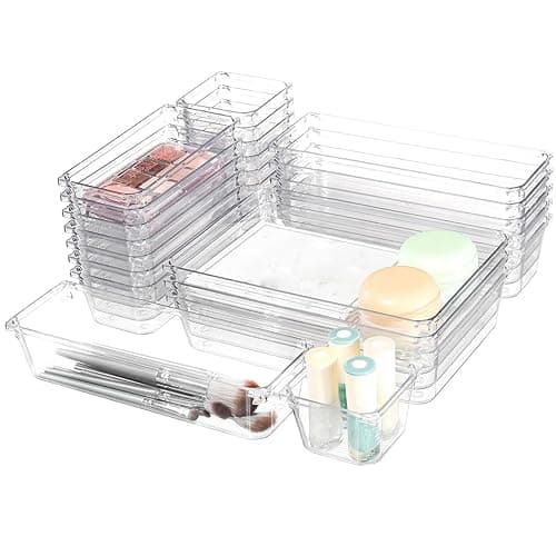 Hikrxya 25 Pack Clear Plastic Drawer Organisers Set, 4 Size Versatile Bedroom and Vanity Drawer Organizer Trays, Kitchen Plastic Storage Divider Bins for Makeup Bedroom Kitchen Gadgets Office - Kitchen Tools Gadgets