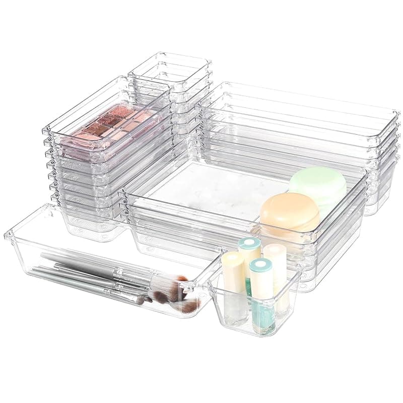 Hikrxya 25 Pack Clear Plastic Drawer Organisers Set, 4 Size Versatile Bedroom and Vanity Drawer Organizer Trays, Kitchen Plastic Storage Divider Bins for Makeup Bedroom Kitchen Gadgets Office - Kitchen Tools Gadgets