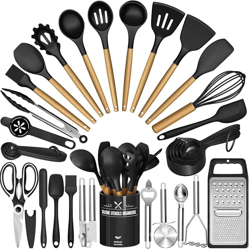 Terlulu Kitchen Utensils Set - 34PCS Silicone Cooking Utensils with Holder, Heat Resistant, Nonstick Cookware Tongs Spatula Spoon Set, Wooden Handles Kitchen Tools & Gadgets (Black) - Kitchen Tools Gadgets