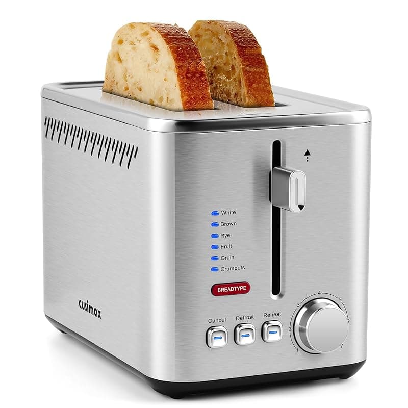 CUSIMAX 2 Slice Toaster, Wide Slot Toaster for All Bread Types, 7 Browning Levels, High-Lift Feature, Defrost/Reheat/Cancel Function, Removable Crumb Tray, Cool Touch Stainless Steel, 950W - Toasters