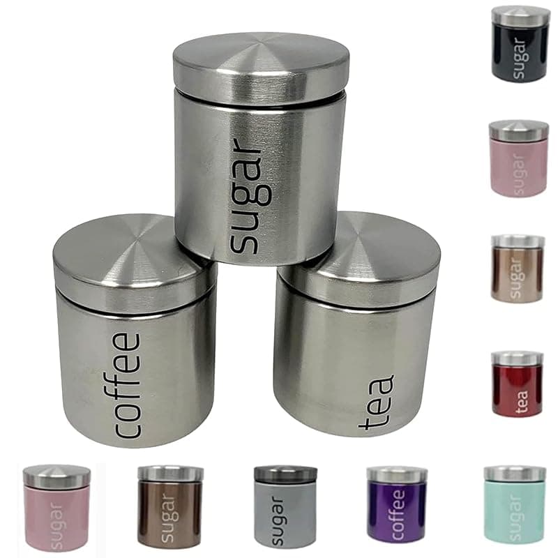 plastific 3pcs Set of Stainless Steel Tea Coffee Sugar Canisters | Airtight Kitchen Storage Jars | Modern Satin Metal Containers for Dry Goods, Pantry Organization and Countertop Display - Kitchen Storage