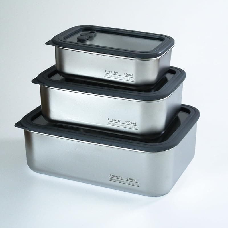 Generic Stainless Steel Lunch Box Set with Glass Lids –3 Stackable Food Containers (650/1300/2300 ml | 22/44/78 oz), Airtight & Leakproof Double Silicone Seal, Oven/Freezer/Dishwasher Safe - Food Storage