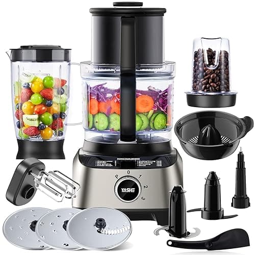 YASHE 1300W Food Processor, 11-in-1 Multifunctional Kitchen Machine with 2.5L Bowl & 1.5L Blender, Mixer, Grinder, Juicer, Dough Kneader, Chopper, Slicer & Shredder for Family Use - Juicers