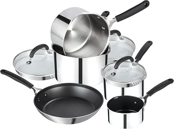 Prestige Made To Last Stainless Steel Pan Set Non Stick - 5 Piece Induction Pan Set with Frying Pan, Milk Pan & Set of 3 Saucepans with Straining Lids, Durable Dishwasher Safe Cookware