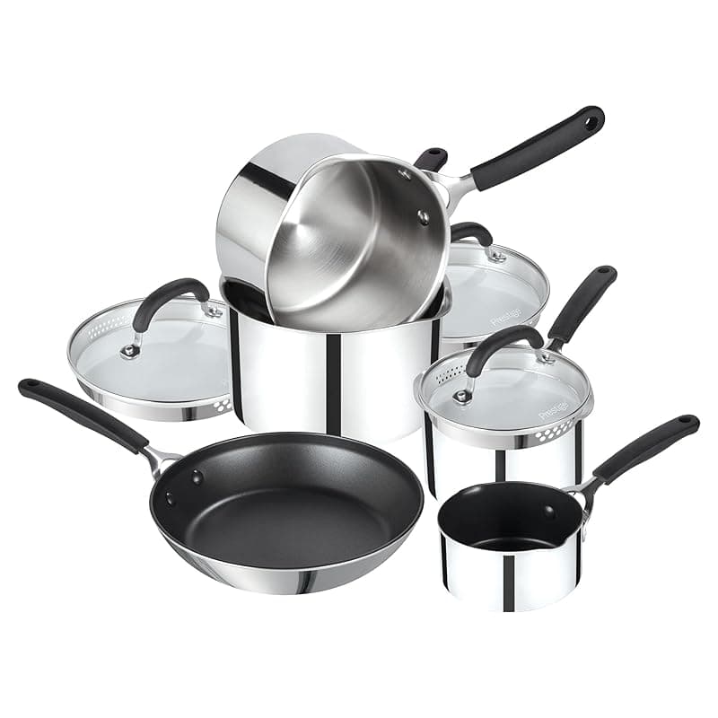 Prestige Made To Last Stainless Steel Pan Set Non Stick - 5 Piece Induction Pan Set with Frying Pan, Milk Pan & Set of 3 Saucepans with Straining Lids, Durable Dishwasher Safe Cookware - Cookware