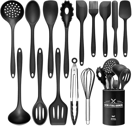Wildone Silicone Kitchen Cooking Utensils Set, 15PCS Premium Spatula Set for Nonstick Cookware, Kitchen Tools Spatula Spoons Turner Brush Whisk, Heat Resistant (Black) - Kitchen Tools Gadgets