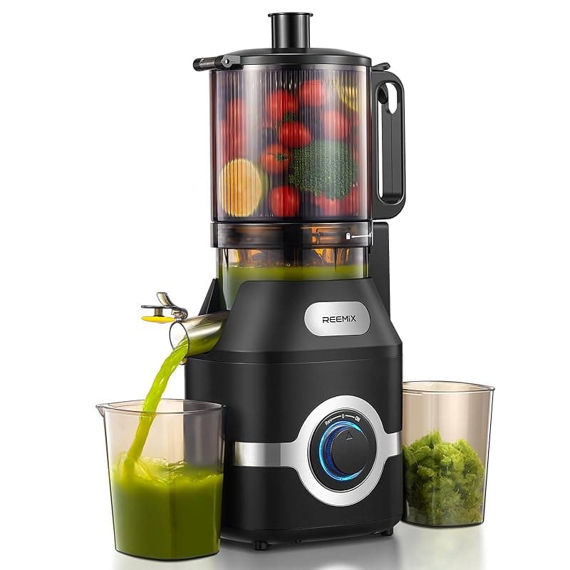 Reemix Cold Press Juicer, 140mm Large Feed Chute Masticating Juicer for Whole Fruits and Vegetables, 300W High Yield Slow Juicer with Reverse Function, BPA-Free, Easy to Clean, Black (Black) - Juicers